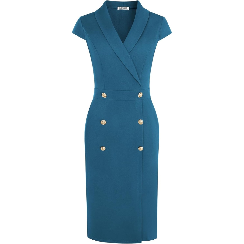 image:imageGRACE KARIN Womens Work Dress Cap Sleeve V Neck Blazer Sheath DressTeal