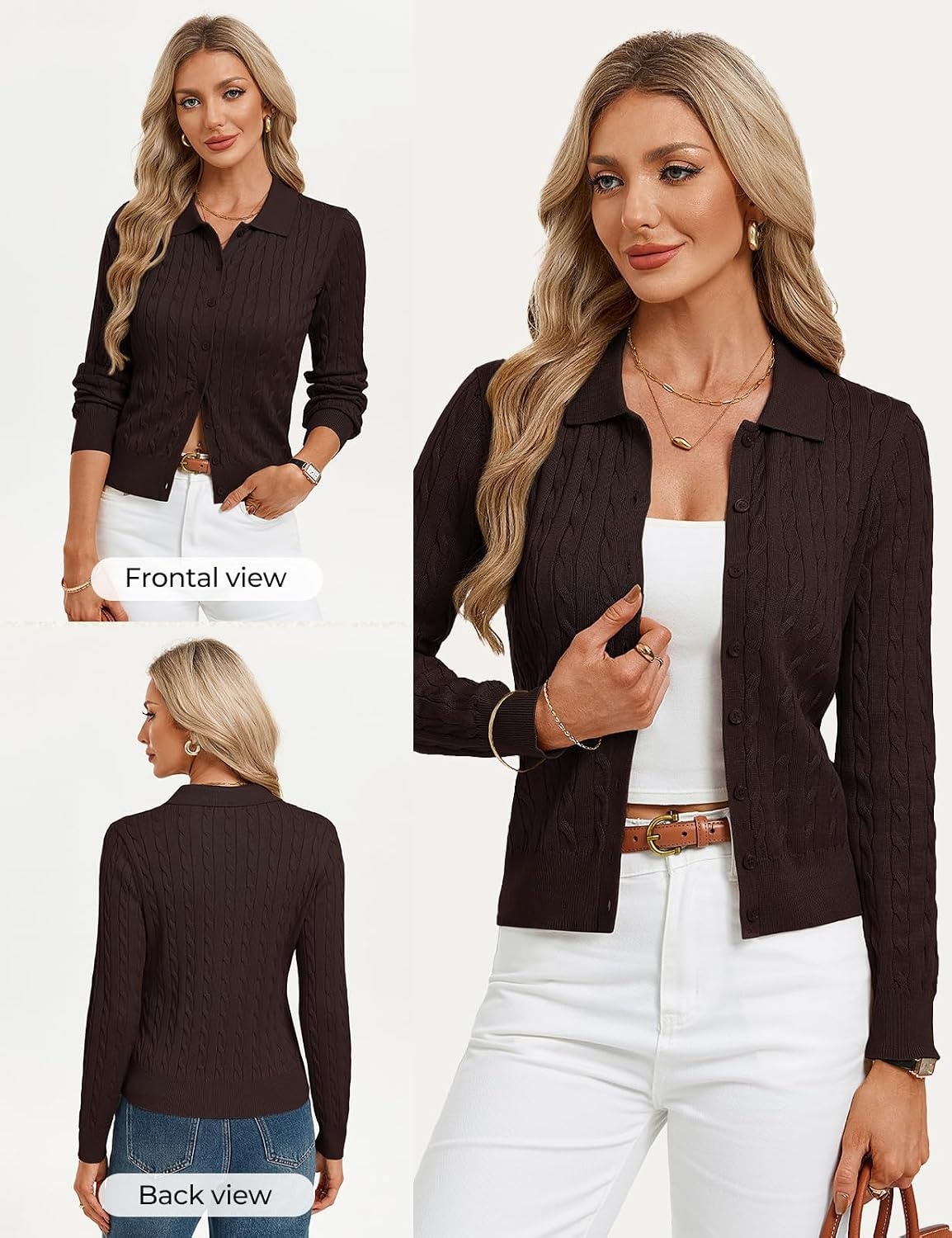 image:imageGRACE KARIN Cardigan for Women Cable Knit Collared Sweaters Winter ClothesBrown