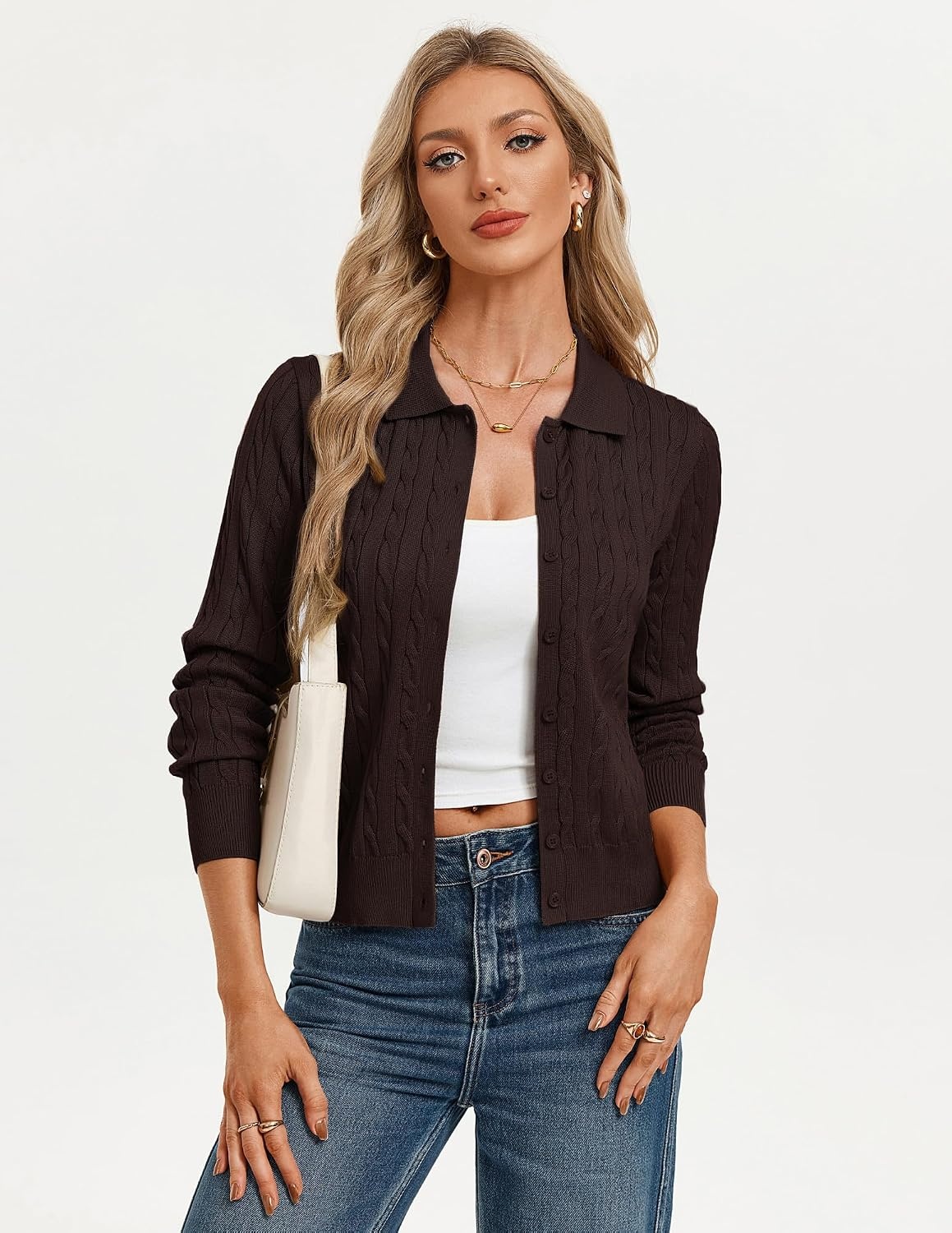 image:imageGRACE KARIN Cardigan for Women Cable Knit Collared Sweaters Winter ClothesBrown