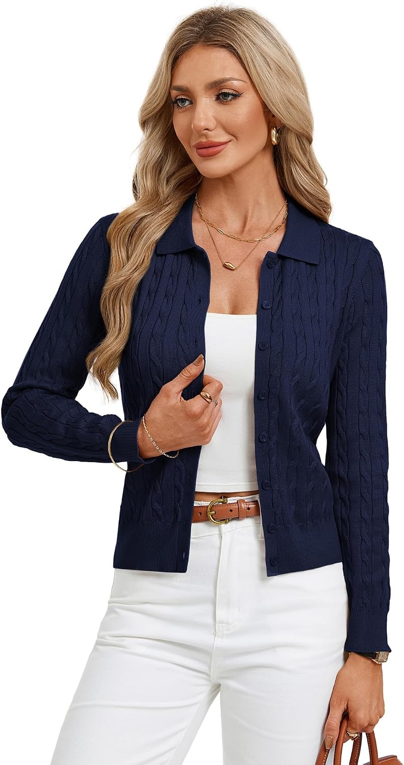 image:imageGRACE KARIN Cardigan for Women Cable Knit Collared Sweaters Winter ClothesNavy