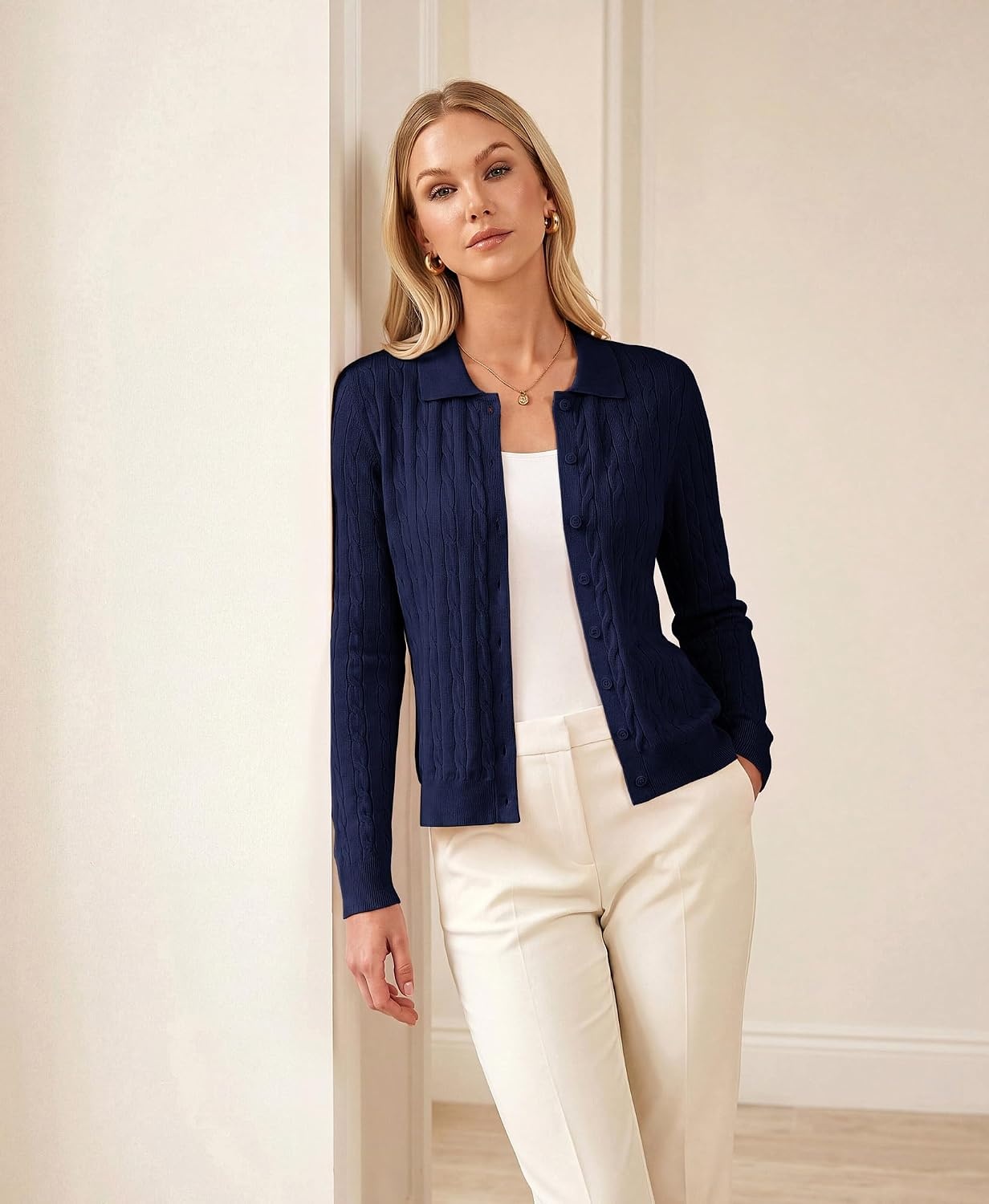 image:imageGRACE KARIN Cardigan for Women Cable Knit Collared Sweaters Winter ClothesNavy