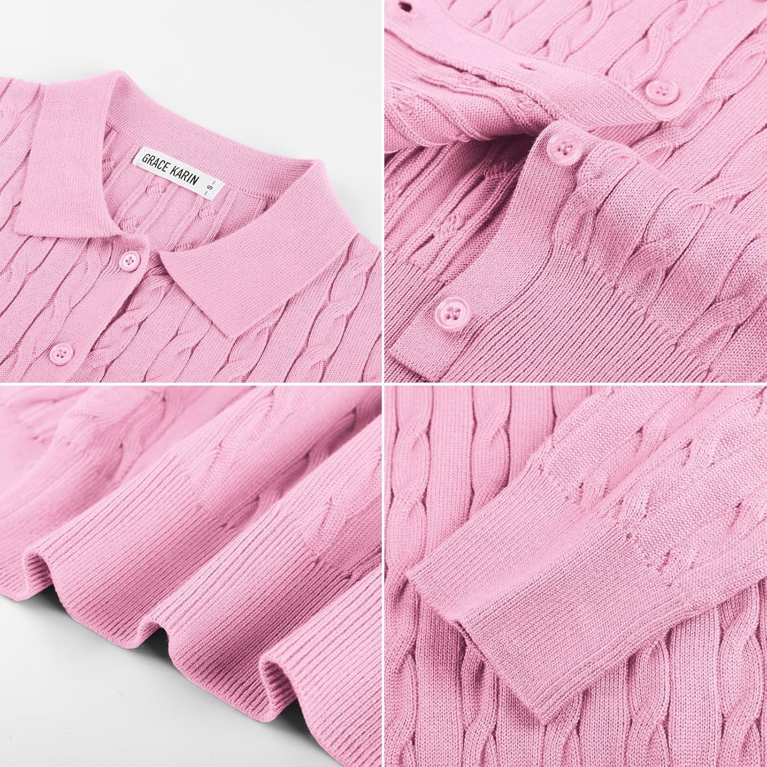 image:imageGRACE KARIN Cardigan for Women Cable Knit Collared Sweaters Winter ClothesPink