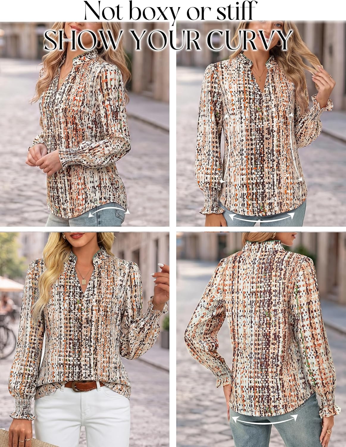 image:imageGRACE KARIN Womens Floral Long Sleeve Boho Tops Dressy Casual Blouses Work Business Chiffon Shirts V Neck Fall Outfits 2026Beige Brown Stripe