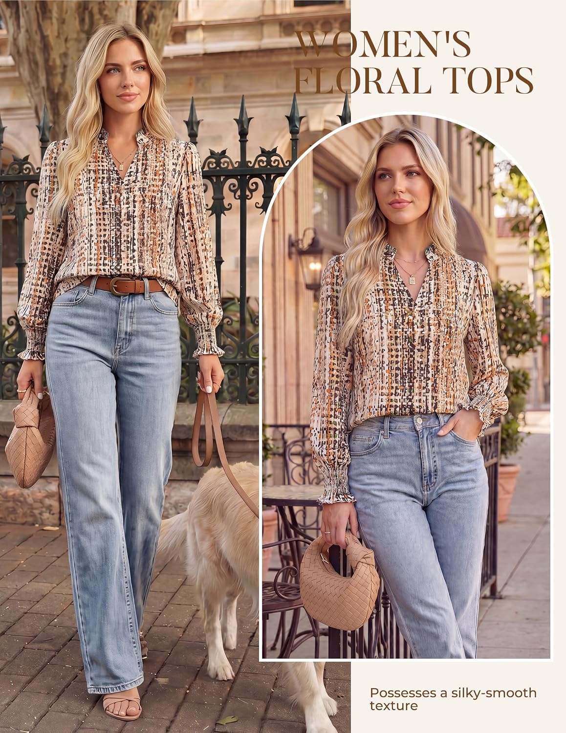 image:imageGRACE KARIN Womens Floral Long Sleeve Boho Tops Dressy Casual Blouses Work Business Chiffon Shirts V Neck Fall Outfits 2026Beige Brown Stripe