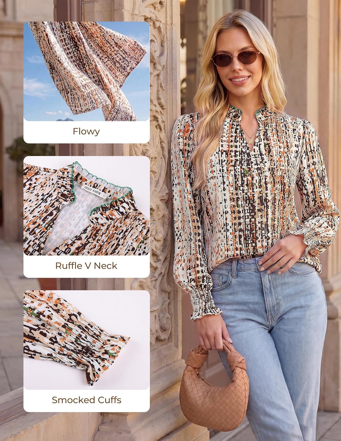 image:imageGRACE KARIN Womens Floral Long Sleeve Boho Tops Dressy Casual Blouses Work Business Chiffon Shirts V Neck Fall Outfits 2026Beige Brown Stripe