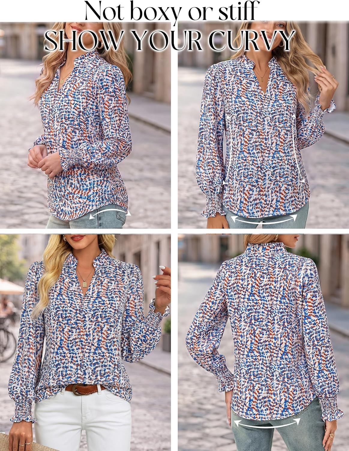 image:imageGRACE KARIN Womens Floral Long Sleeve Boho Tops Dressy Casual Blouses Work Business Chiffon Shirts V Neck Fall Outfits 2026Blue Orange Dot