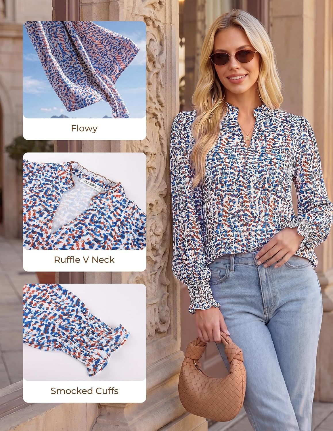 image:imageGRACE KARIN Womens Floral Long Sleeve Boho Tops Dressy Casual Blouses Work Business Chiffon Shirts V Neck Fall Outfits 2026Blue Orange Dot