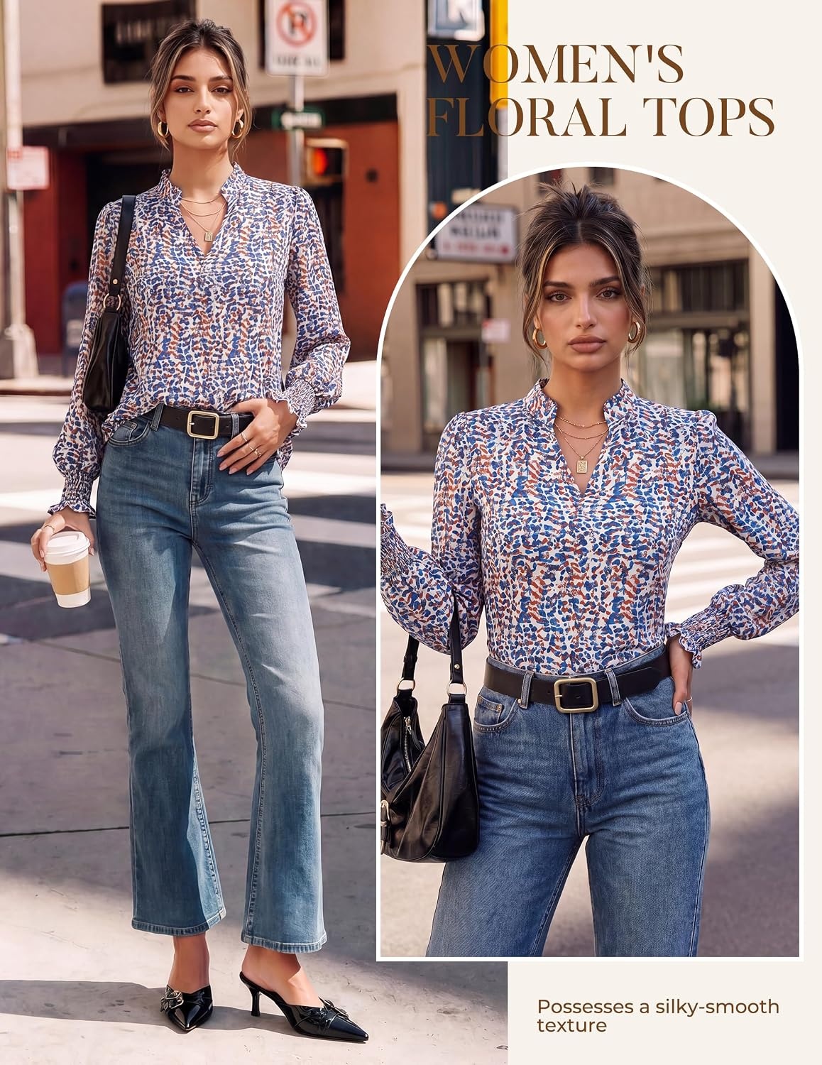 image:imageGRACE KARIN Womens Floral Long Sleeve Boho Tops Dressy Casual Blouses Work Business Chiffon Shirts V Neck Fall Outfits 2026Blue Orange Dot