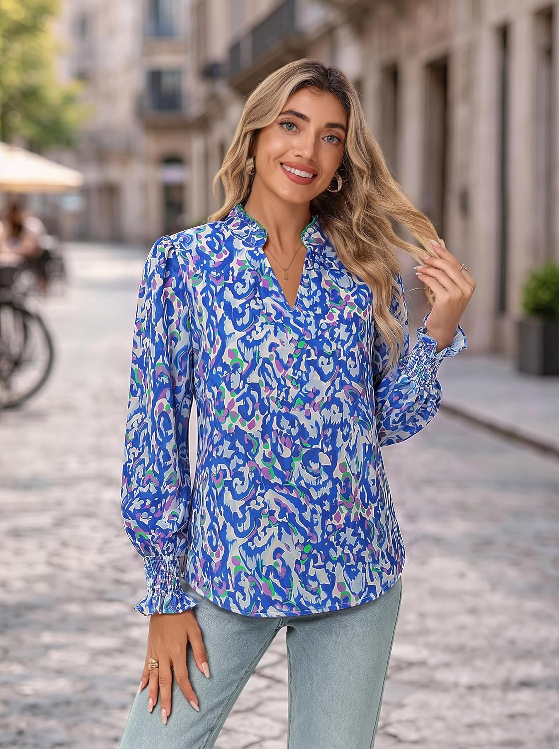 image:imageGRACE KARIN Womens Floral Long Sleeve Boho Tops Dressy Casual Blouses Work Business Chiffon Shirts V Neck Fall Outfits 2026Blue Wave
