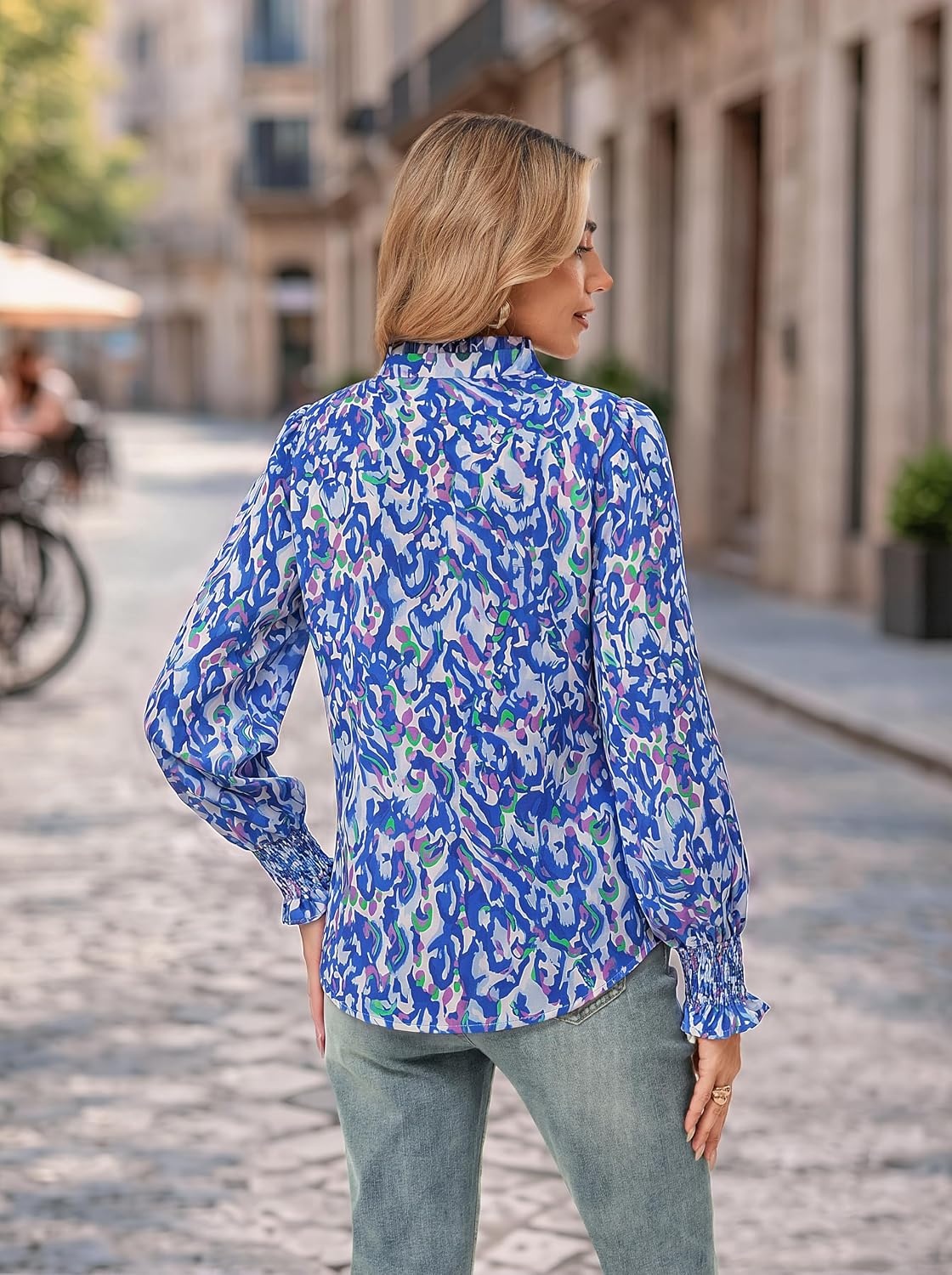 image:imageGRACE KARIN Womens Floral Long Sleeve Boho Tops Dressy Casual Blouses Work Business Chiffon Shirts V Neck Fall Outfits 2026Blue Wave