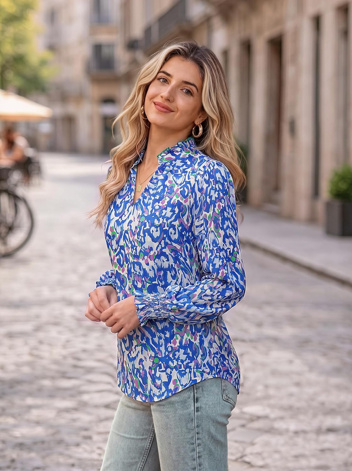 image:imageGRACE KARIN Womens Floral Long Sleeve Boho Tops Dressy Casual Blouses Work Business Chiffon Shirts V Neck Fall Outfits 2026Blue Wave