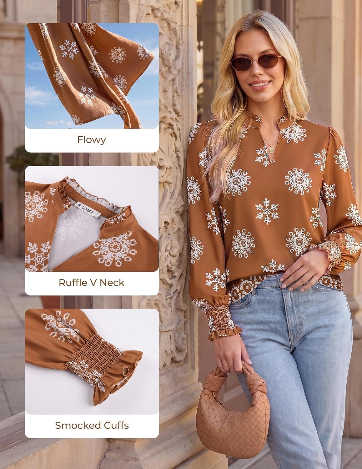 image:imageGRACE KARIN Womens Floral Long Sleeve Boho Tops Dressy Casual Blouses Work Business Chiffon Shirts V Neck Fall Outfits 2026Brown Boho Floral