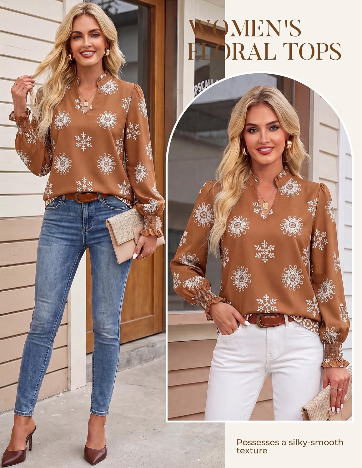 image:imageGRACE KARIN Womens Floral Long Sleeve Boho Tops Dressy Casual Blouses Work Business Chiffon Shirts V Neck Fall Outfits 2026Brown Boho Floral
