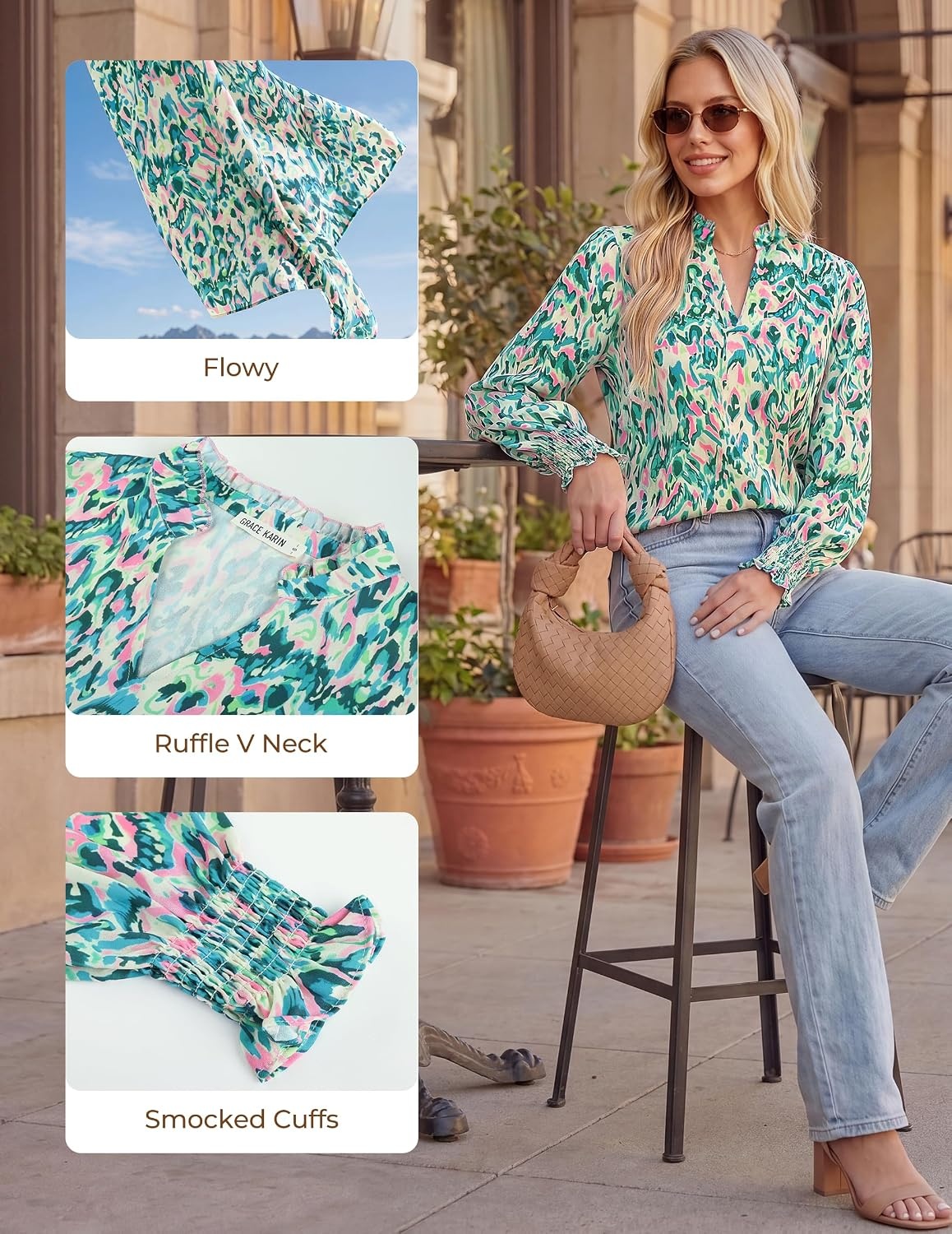 image:imageGRACE KARIN Womens Floral Long Sleeve Boho Tops Dressy Casual Blouses Work Business Chiffon Shirts V Neck Fall Outfits 2026Green Wave