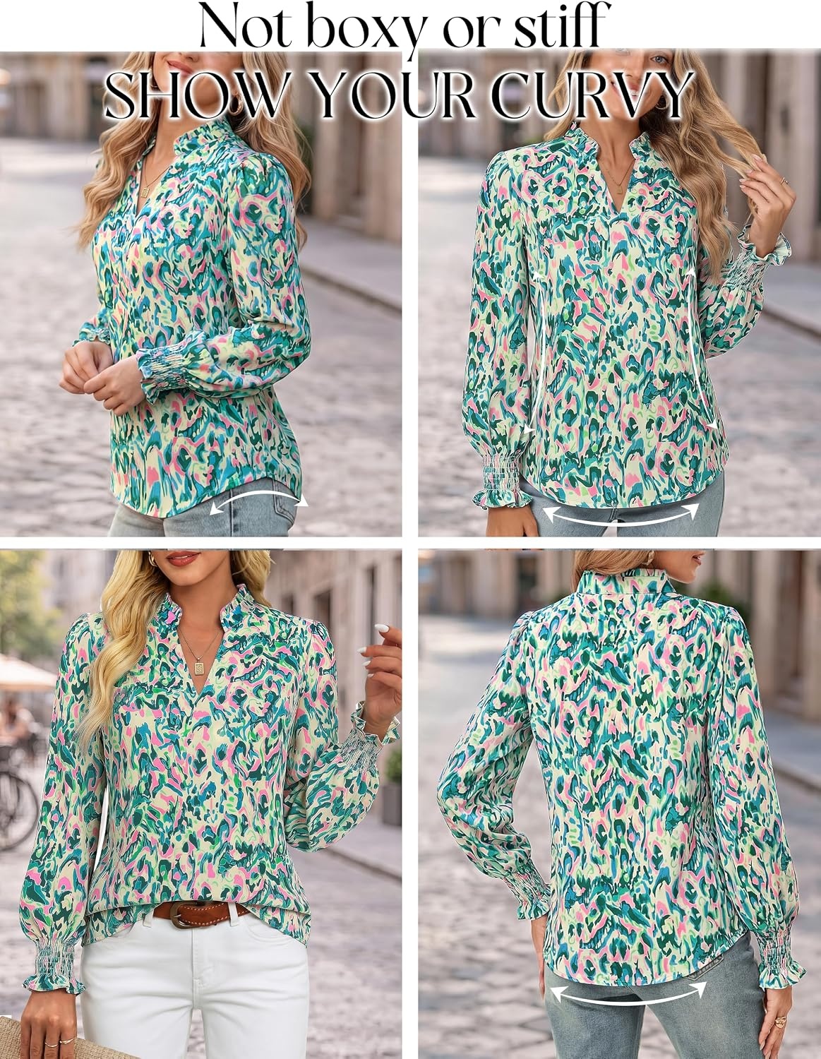 image:imageGRACE KARIN Womens Floral Long Sleeve Boho Tops Dressy Casual Blouses Work Business Chiffon Shirts V Neck Fall Outfits 2026Green Wave