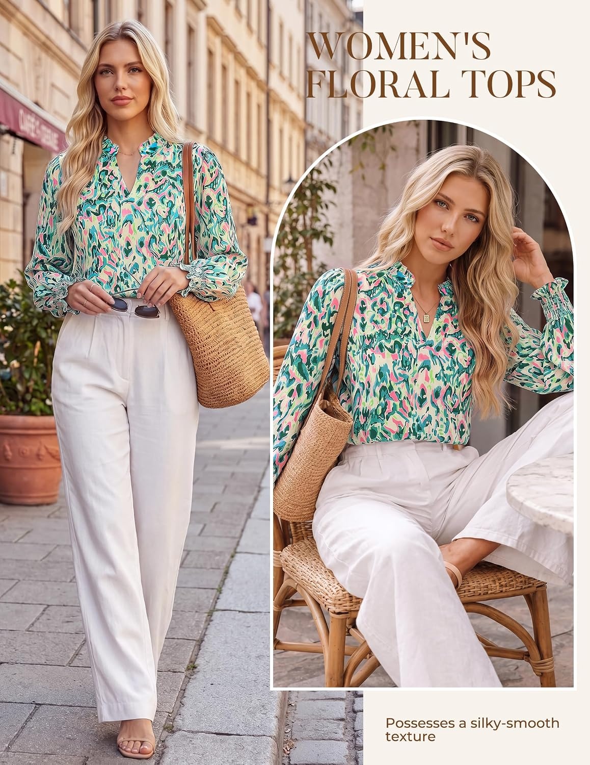 image:imageGRACE KARIN Womens Floral Long Sleeve Boho Tops Dressy Casual Blouses Work Business Chiffon Shirts V Neck Fall Outfits 2026Green Wave
