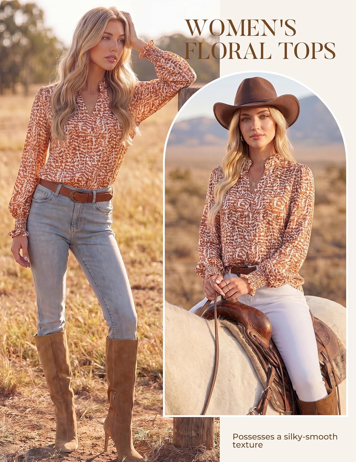 image:imageGRACE KARIN Womens Floral Long Sleeve Boho Tops Dressy Casual Blouses Work Business Chiffon Shirts V Neck Fall Outfits 2026Orange Brown Dot