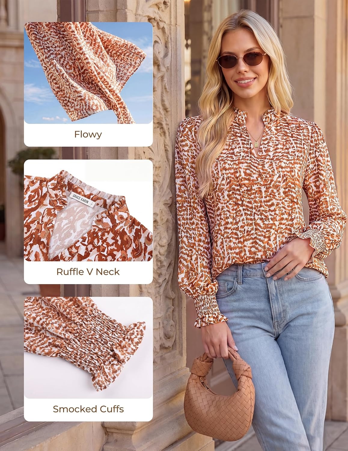 image:imageGRACE KARIN Womens Floral Long Sleeve Boho Tops Dressy Casual Blouses Work Business Chiffon Shirts V Neck Fall Outfits 2026Orange Brown Dot
