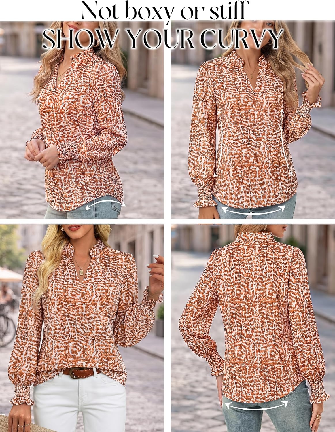 image:imageGRACE KARIN Womens Floral Long Sleeve Boho Tops Dressy Casual Blouses Work Business Chiffon Shirts V Neck Fall Outfits 2026Orange Brown Dot