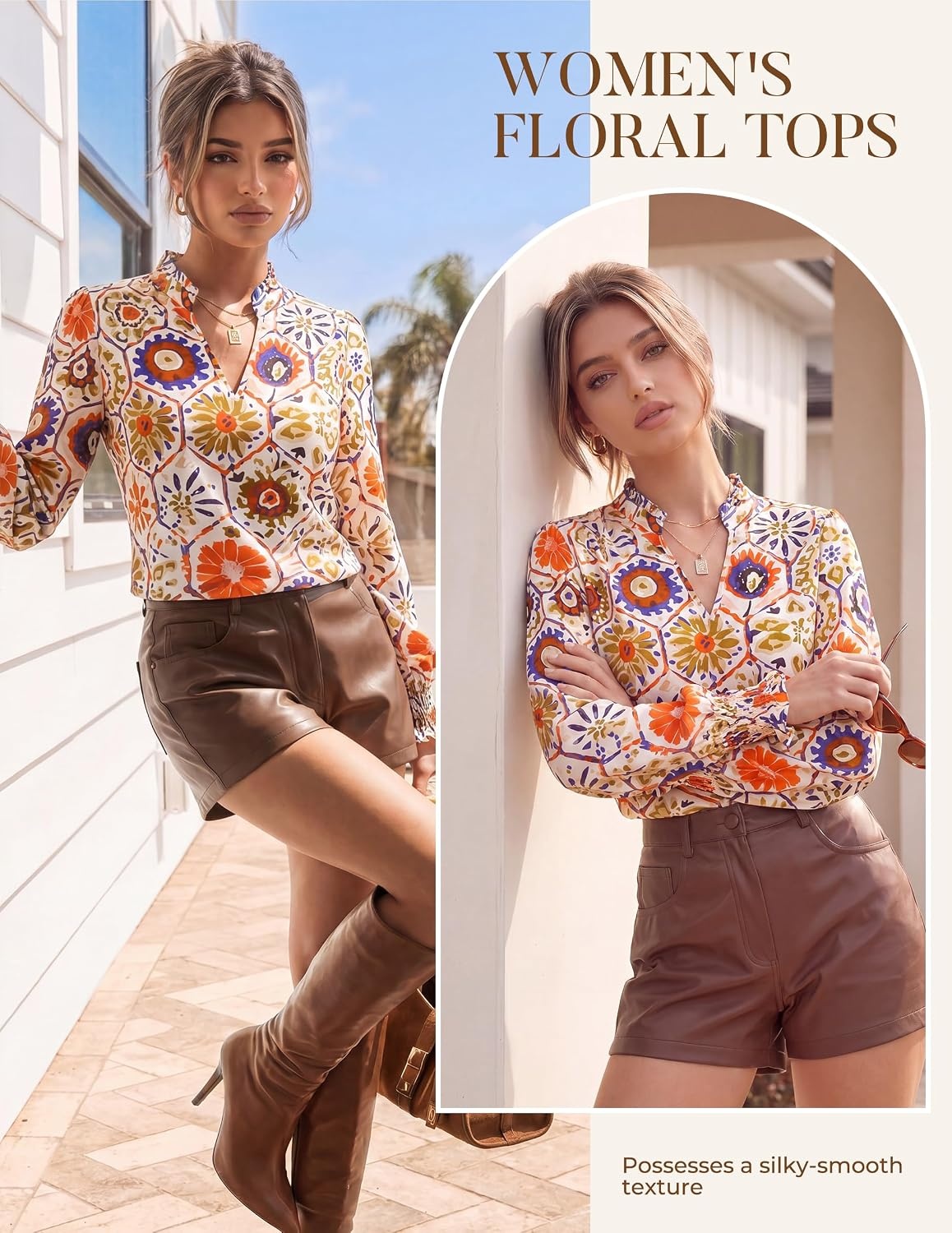 image:imageGRACE KARIN Womens Floral Long Sleeve Boho Tops Dressy Casual Blouses Work Business Chiffon Shirts V Neck Fall Outfits 2026Orange Honeycomb Folk