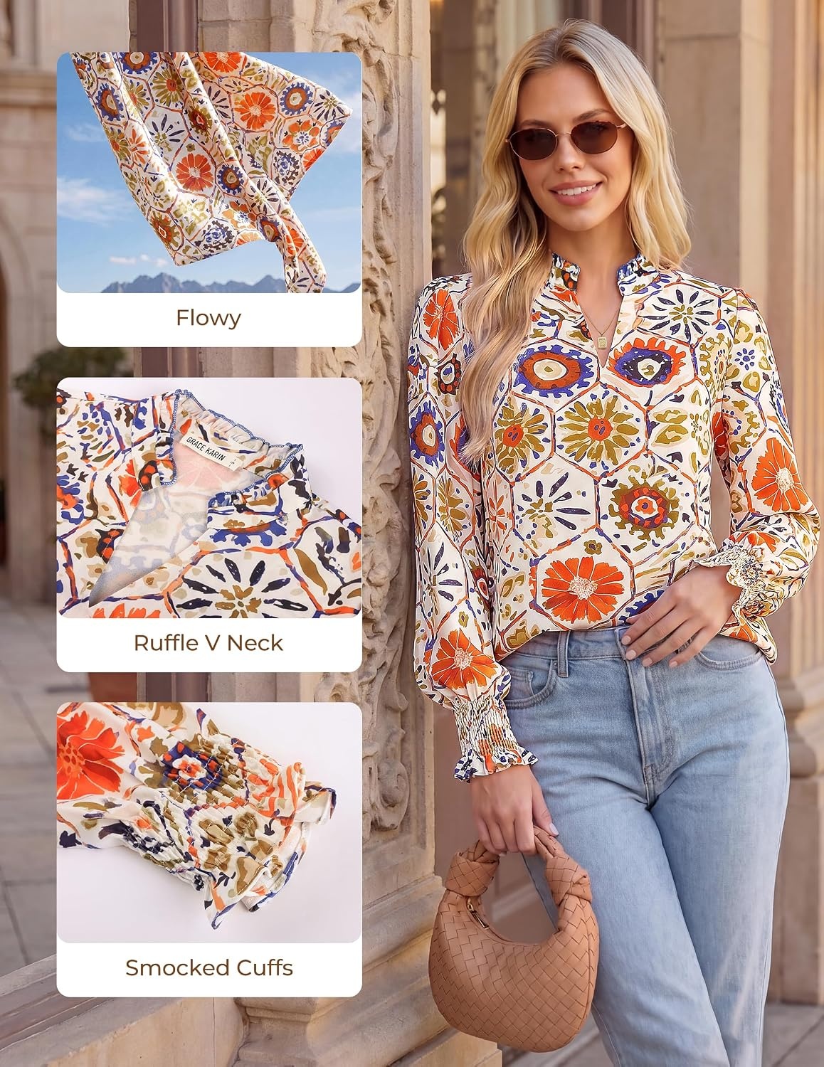image:imageGRACE KARIN Womens Floral Long Sleeve Boho Tops Dressy Casual Blouses Work Business Chiffon Shirts V Neck Fall Outfits 2026Orange Honeycomb Folk
