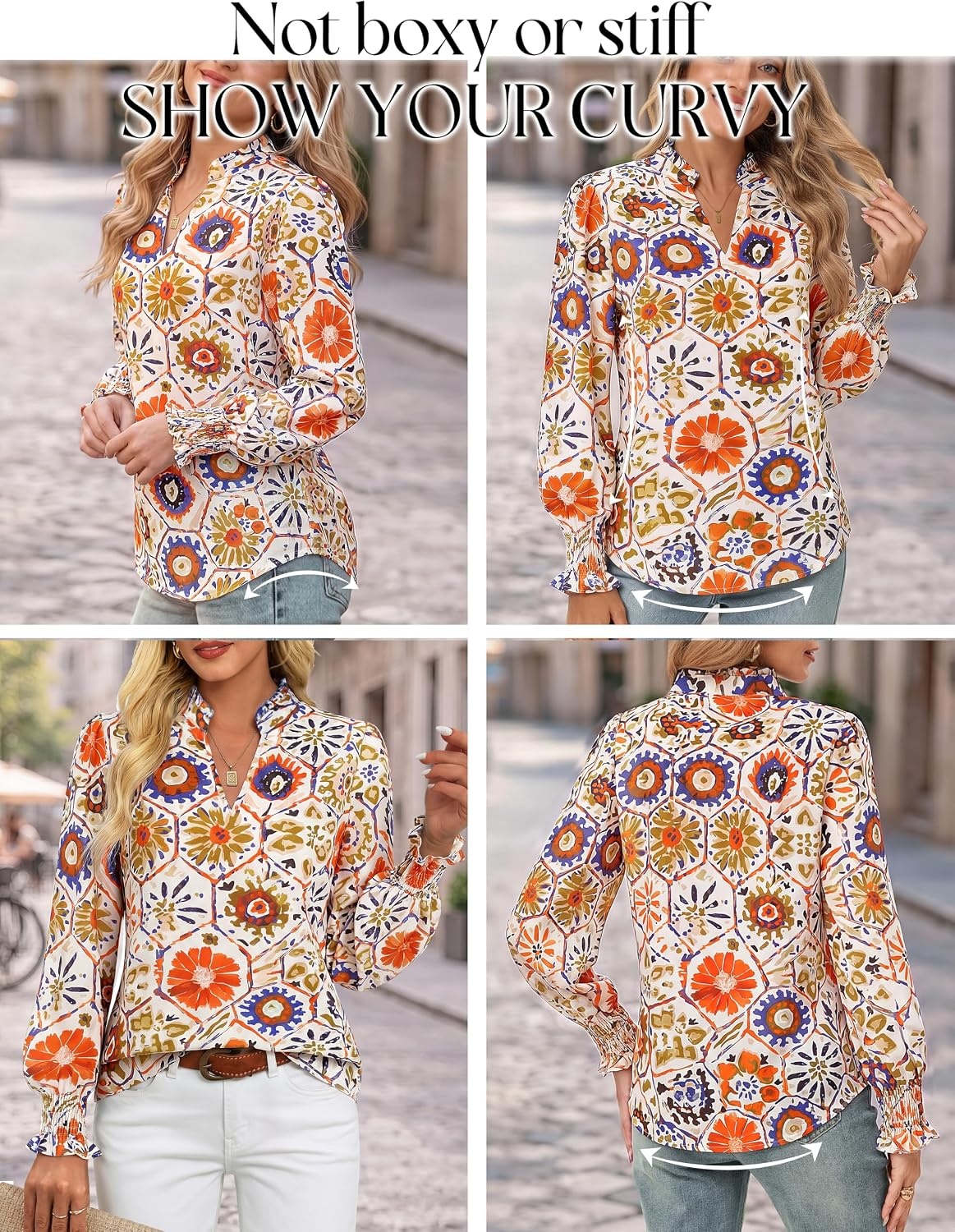 image:imageGRACE KARIN Womens Floral Long Sleeve Boho Tops Dressy Casual Blouses Work Business Chiffon Shirts V Neck Fall Outfits 2026Orange Honeycomb Folk