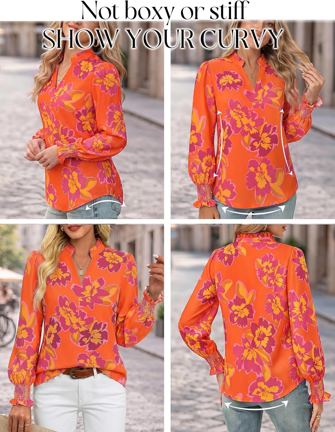 image:imageGRACE KARIN Womens Floral Long Sleeve Boho Tops Dressy Casual Blouses Work Business Chiffon Shirts V Neck Fall Outfits 2026Orange Purple Floral
