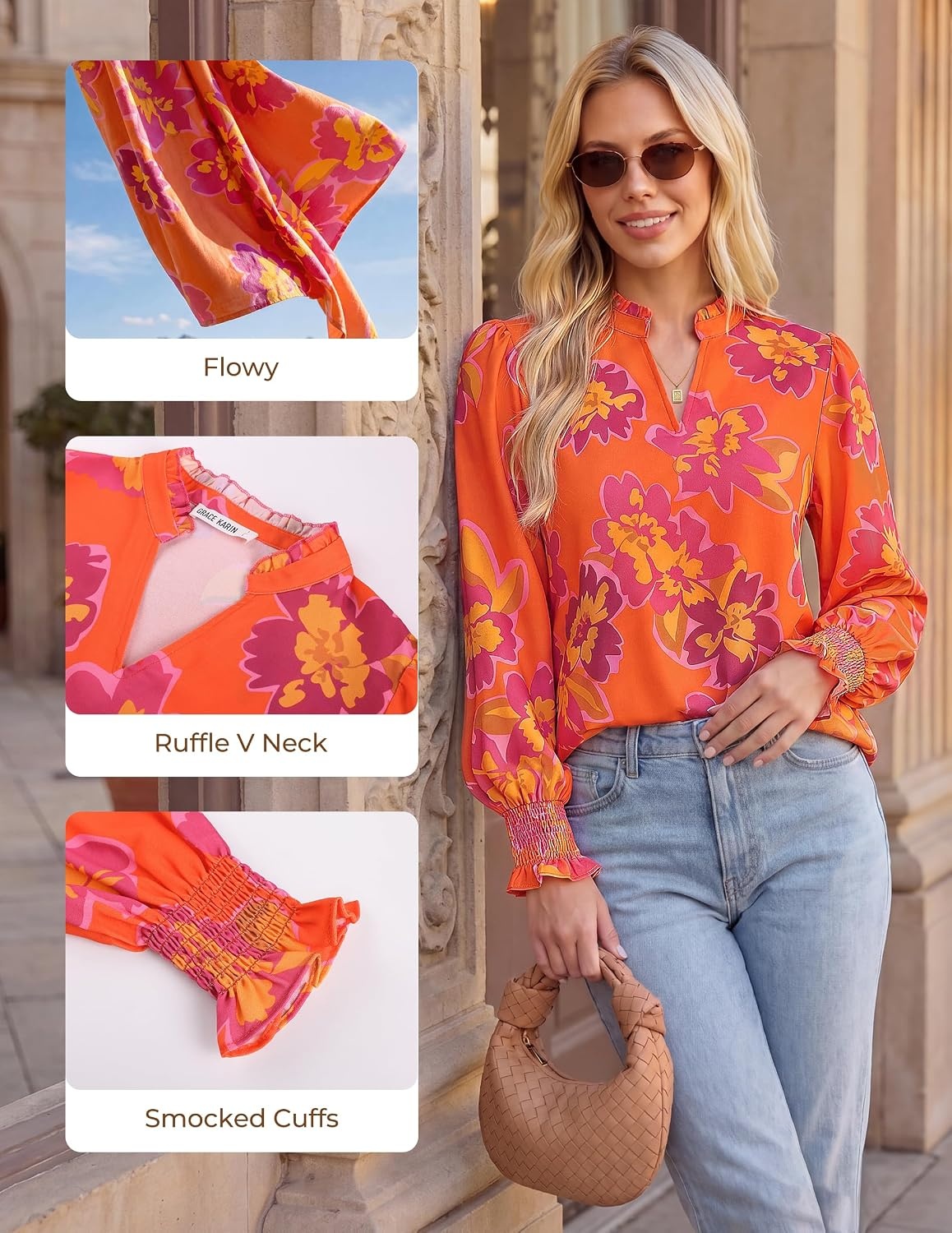 image:imageGRACE KARIN Womens Floral Long Sleeve Boho Tops Dressy Casual Blouses Work Business Chiffon Shirts V Neck Fall Outfits 2026Orange Purple Floral