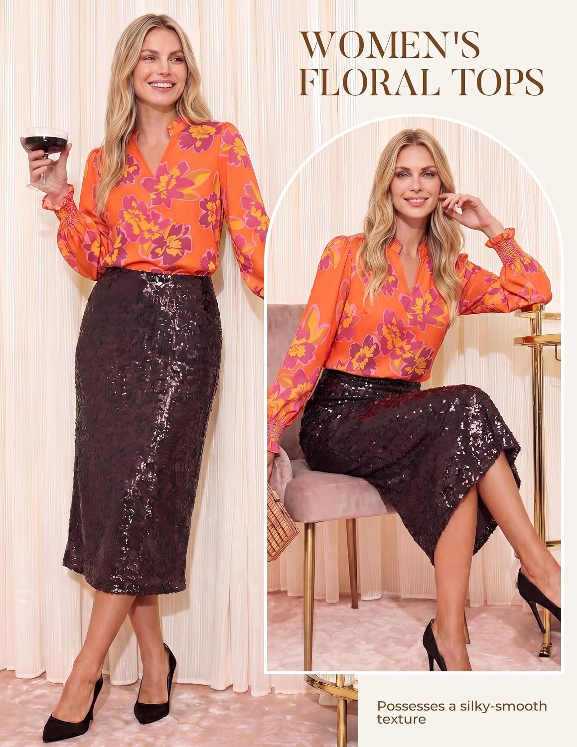 image:imageGRACE KARIN Womens Floral Long Sleeve Boho Tops Dressy Casual Blouses Work Business Chiffon Shirts V Neck Fall Outfits 2026Orange Purple Floral
