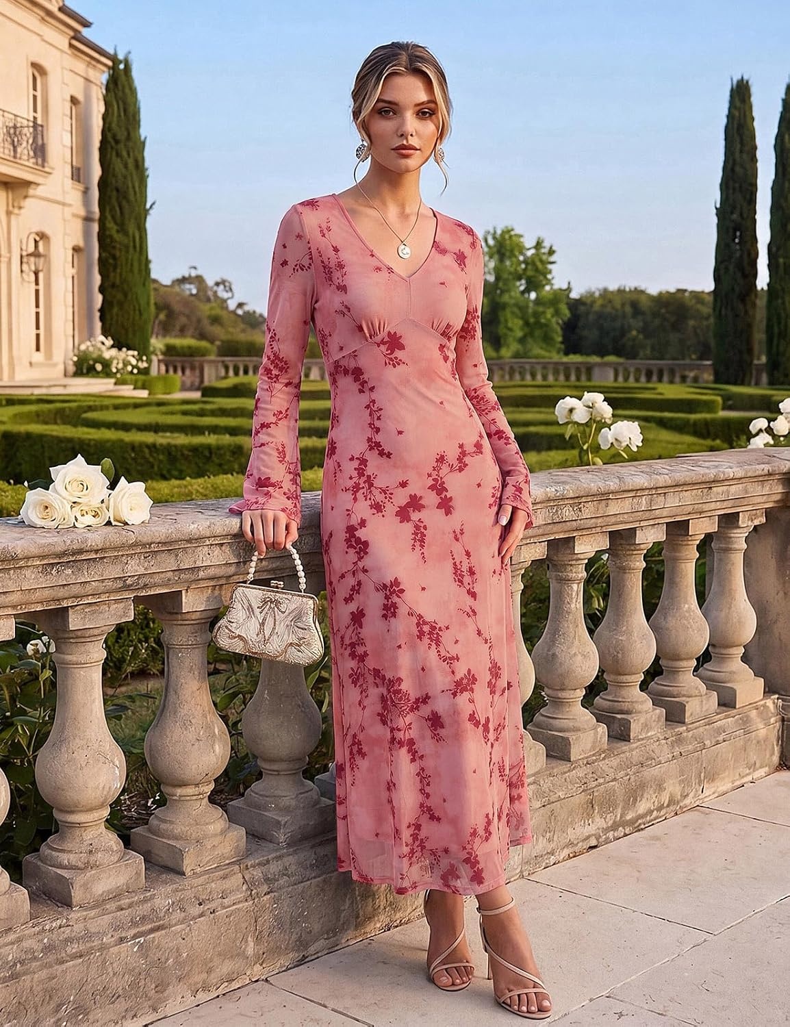 image:imageGRACE KARIN Womens Floral Long Sleeve Maxi Dresses Wedding Guest DressPink Mix