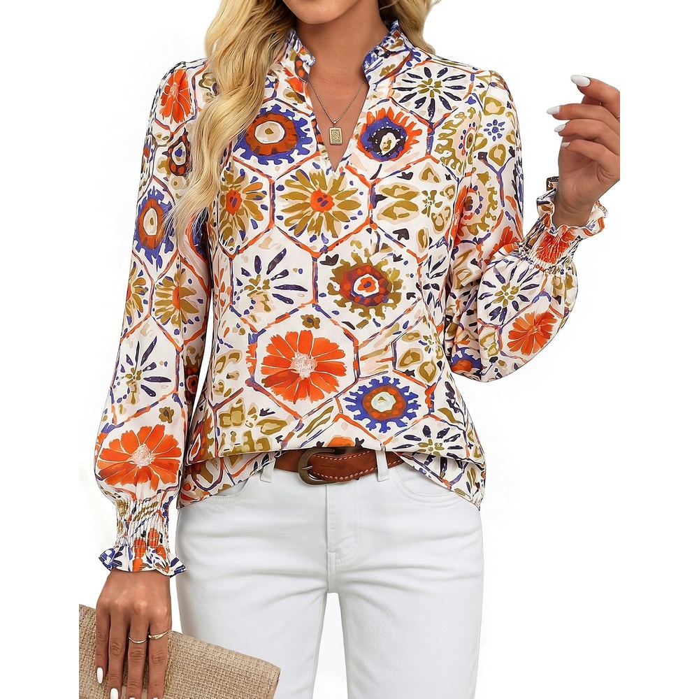 image:imageGRACE KARIN Womens Floral Long Sleeve Boho Tops Dressy Casual Blouses Work Business Chiffon Shirts V Neck Fall Outfits 2026Orange Honeycomb Folk