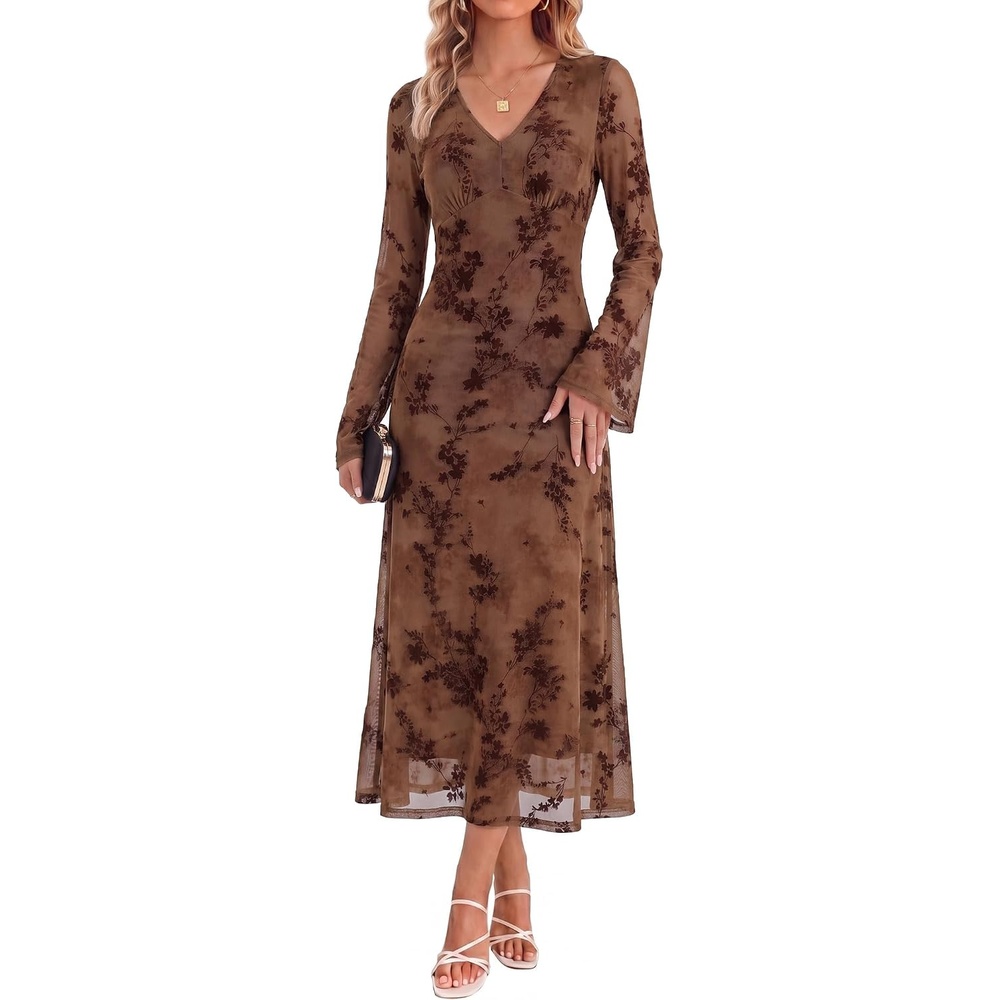 image:imageGRACE KARIN Womens Floral Long Sleeve Maxi Dresses Wedding Guest DressBrown Mix