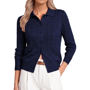 GRACE KARIN Cardigan for Women Cable Knit Collared Sweaters Winter Clothes(Navy Blue)