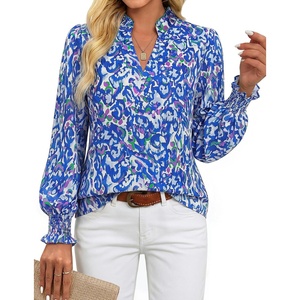 GRACE KARIN Womens Floral Long Sleeve Boho Tops Dressy Casual Blouses Work Business Chiffon Shirts V Neck Fall Outfits 2026(Blue Wave)