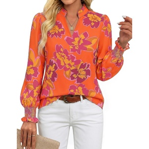 GRACE KARIN Womens Floral Long Sleeve Boho Tops Dressy Casual Blouses Work Business Chiffon Shirts V Neck Fall Outfits 2026(Orange Purple Floral)