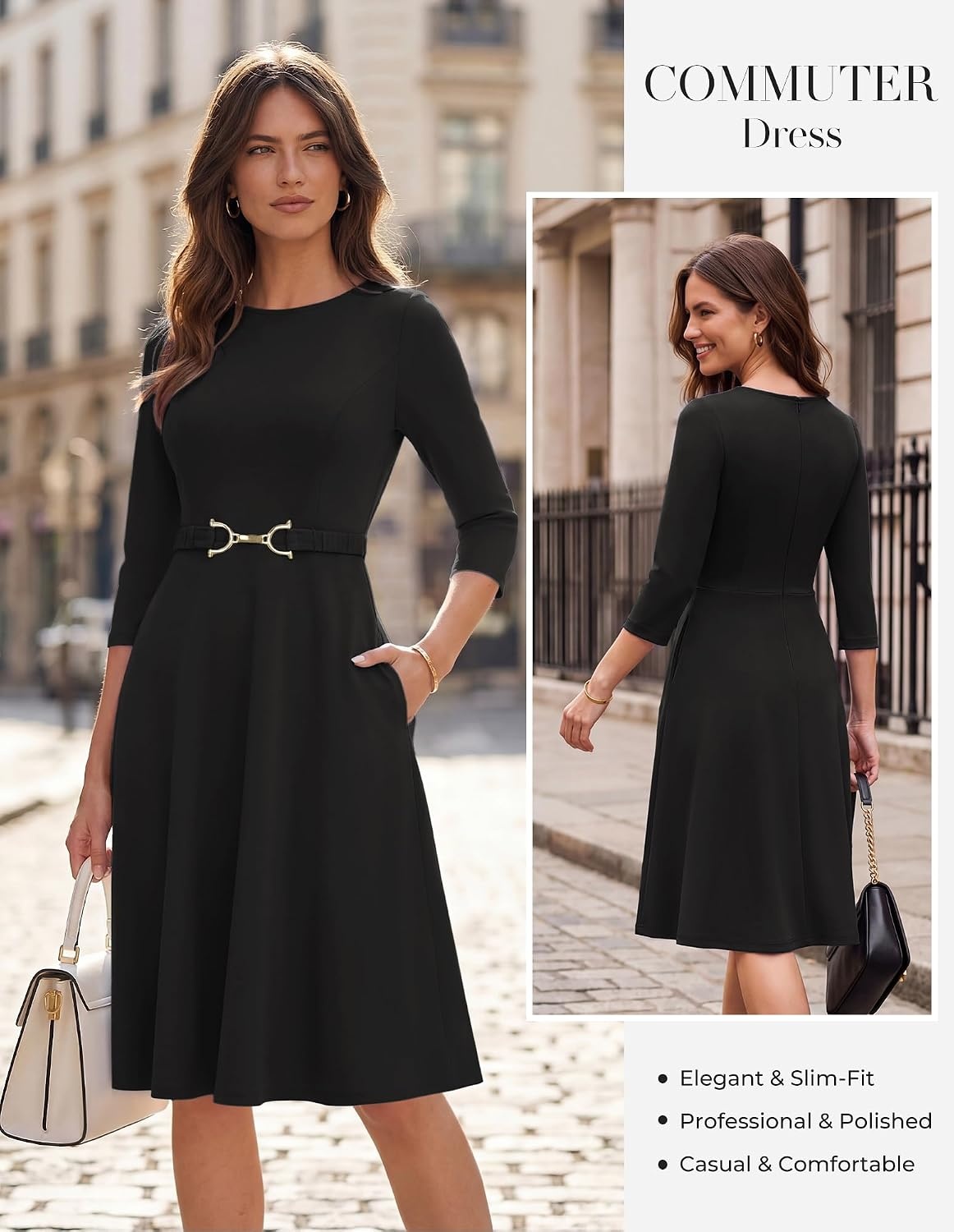 image:imageGRACE KARIN Work Business Midi Flowy 34 Sleeve Dresses for WomenBlack