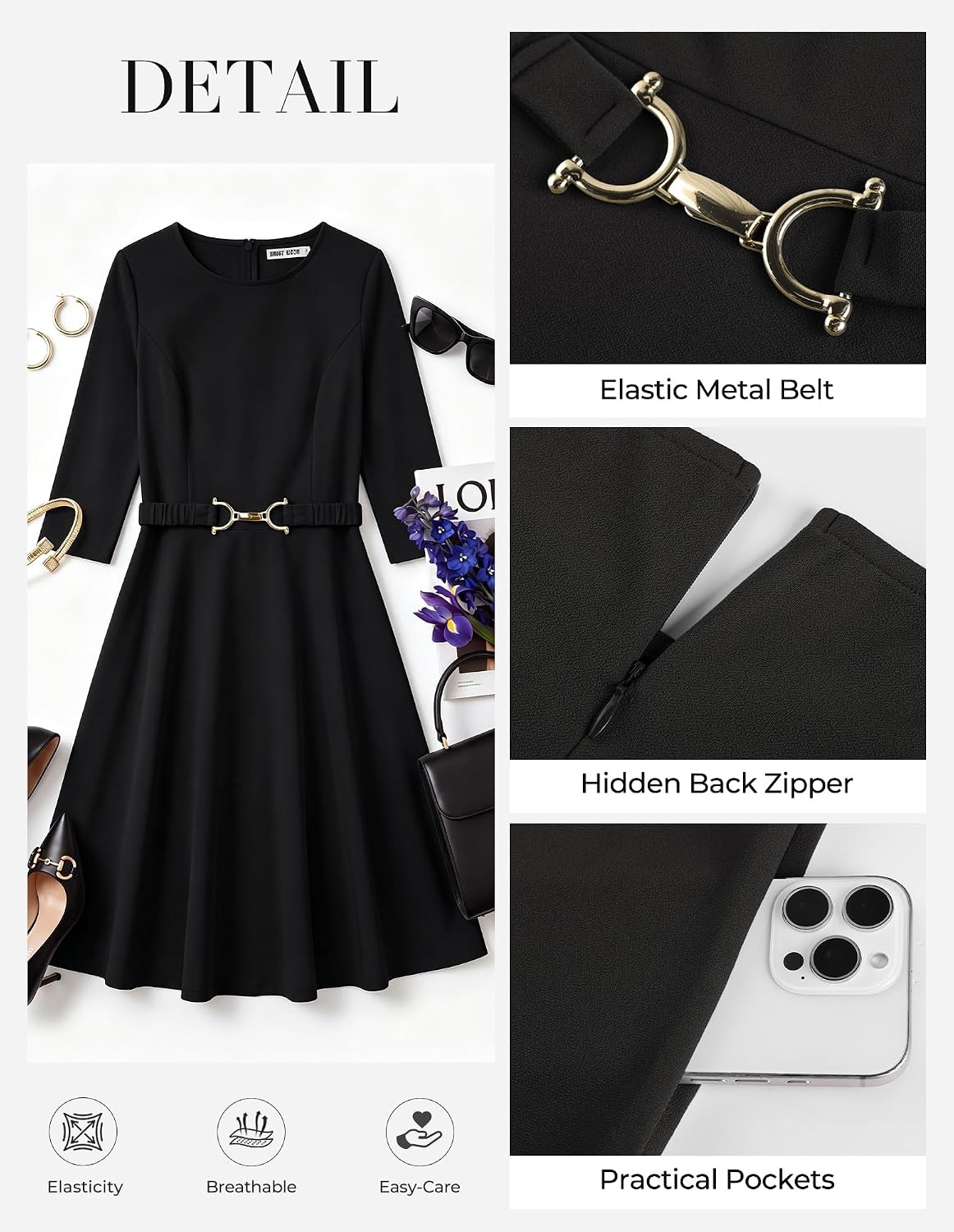 image:imageGRACE KARIN Work Business Midi Flowy 34 Sleeve Dresses for WomenBlack