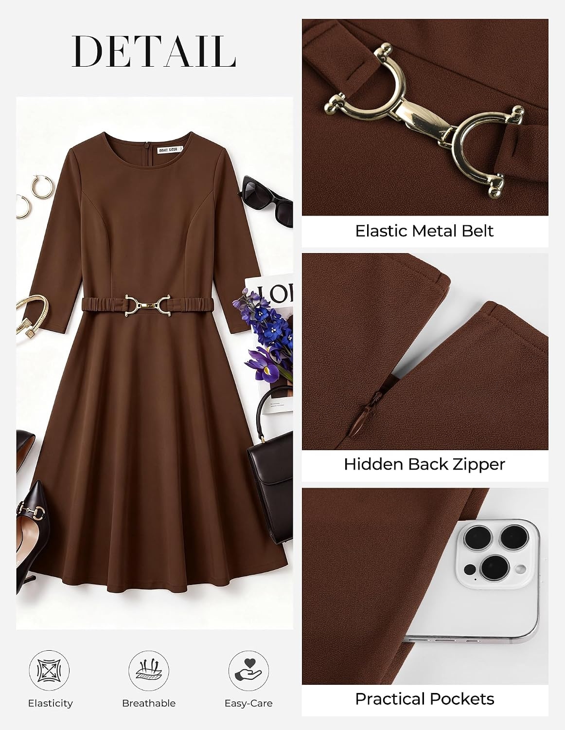 image:imageGRACE KARIN Work Business Midi Flowy 34 Sleeve Dresses for WomenKhaki