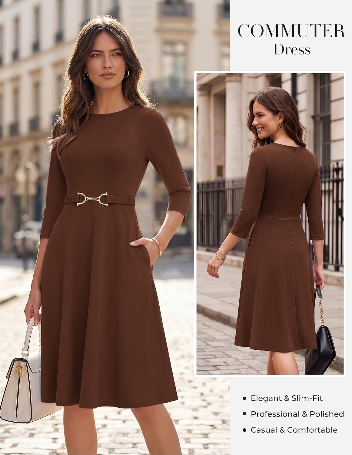 image:imageGRACE KARIN Work Business Midi Flowy 34 Sleeve Dresses for WomenKhaki
