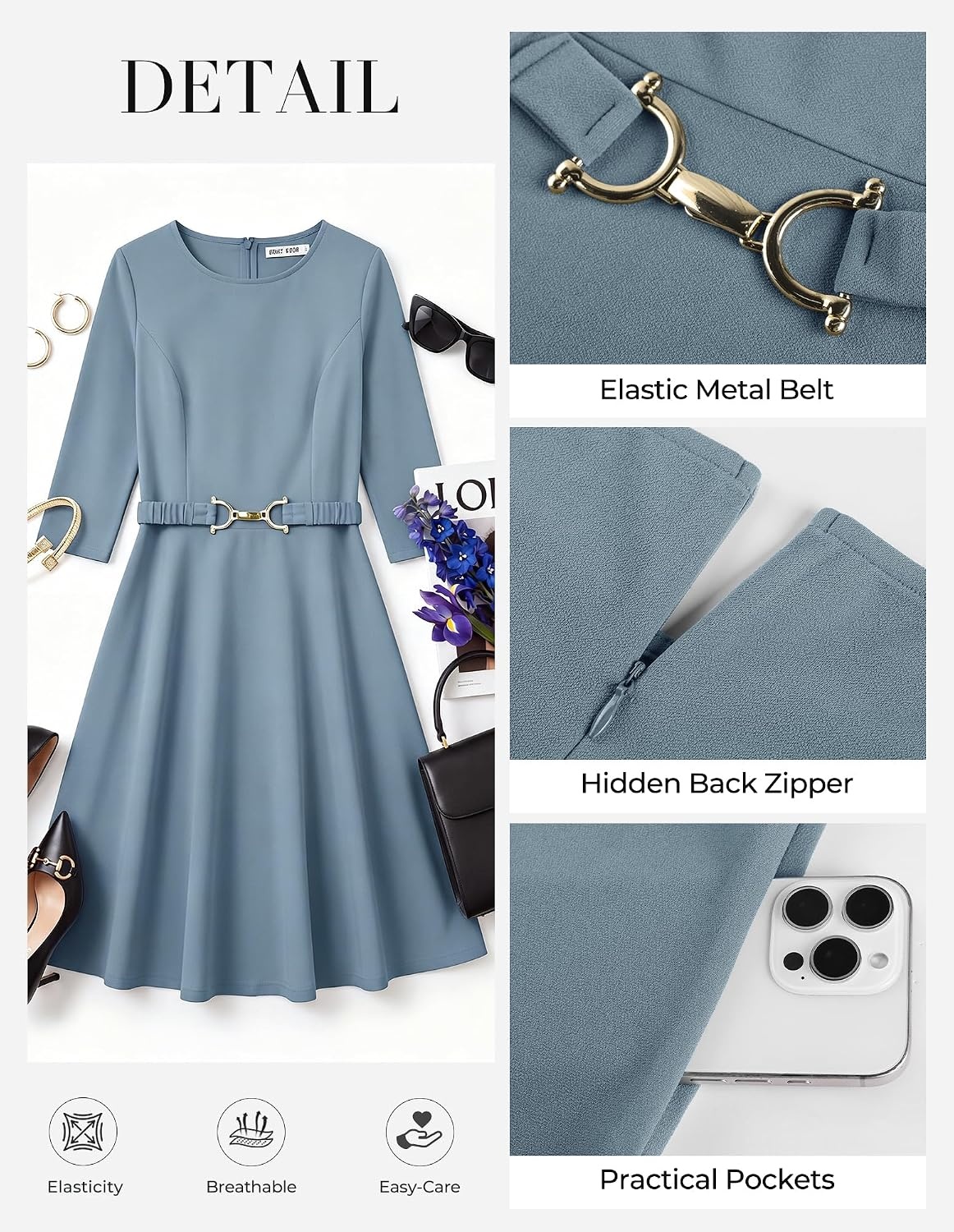 image:imageGRACE KARIN Work Business Midi Flowy 34 Sleeve Dresses for WomenLight Gray Blue