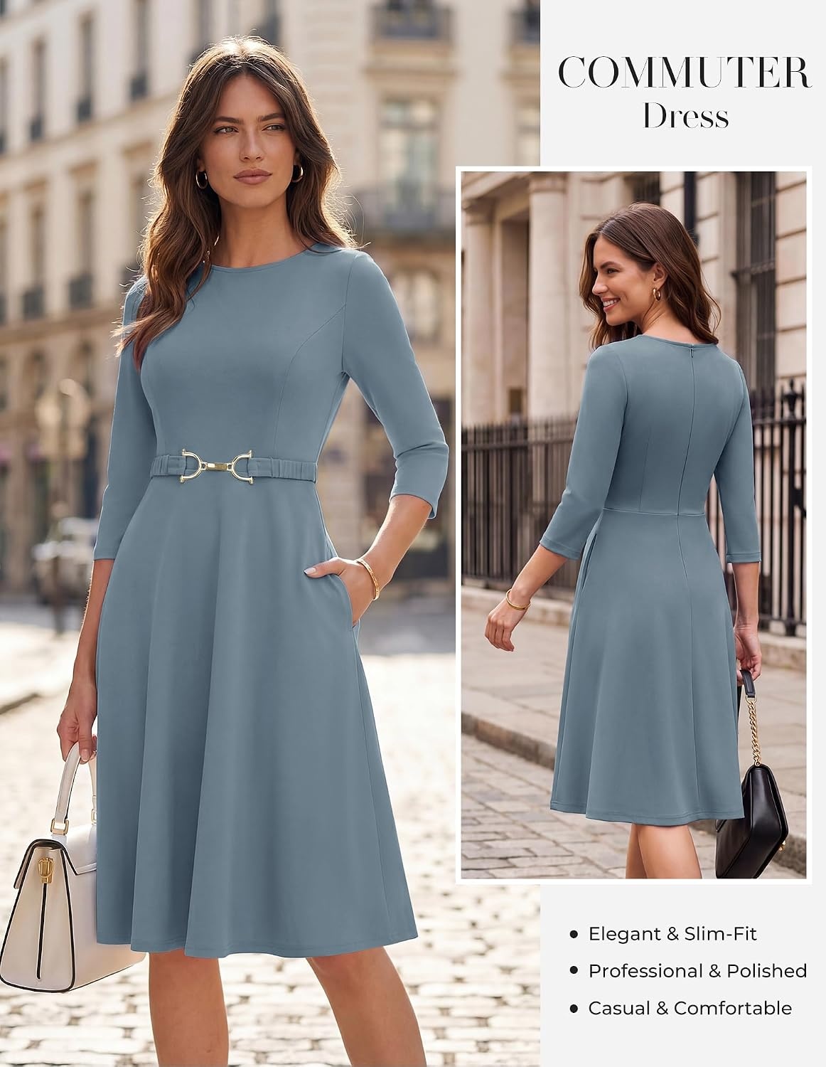 image:imageGRACE KARIN Work Business Midi Flowy 34 Sleeve Dresses for WomenLight Gray Blue