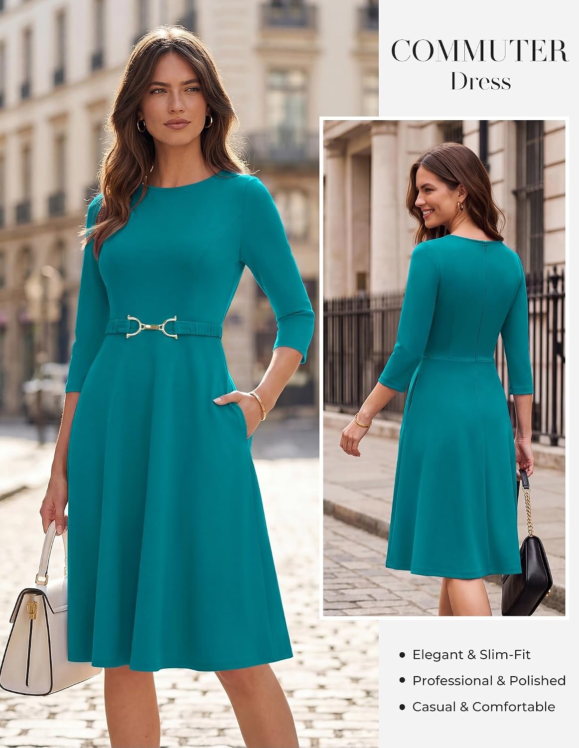 image:imageGRACE KARIN Work Business Midi Flowy 34 Sleeve Dresses for WomenPeacock Blue