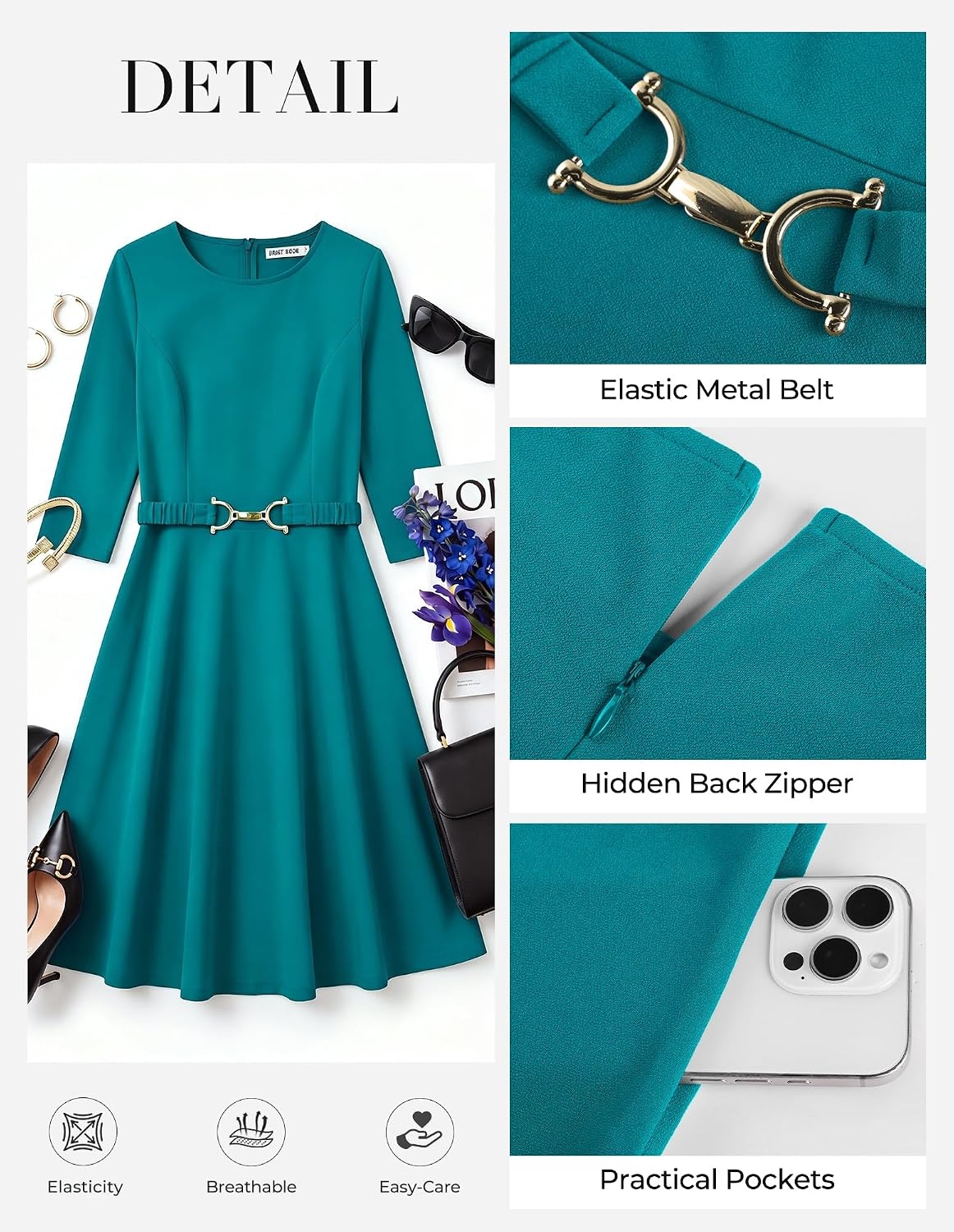 image:imageGRACE KARIN Work Business Midi Flowy 34 Sleeve Dresses for WomenPeacock Blue