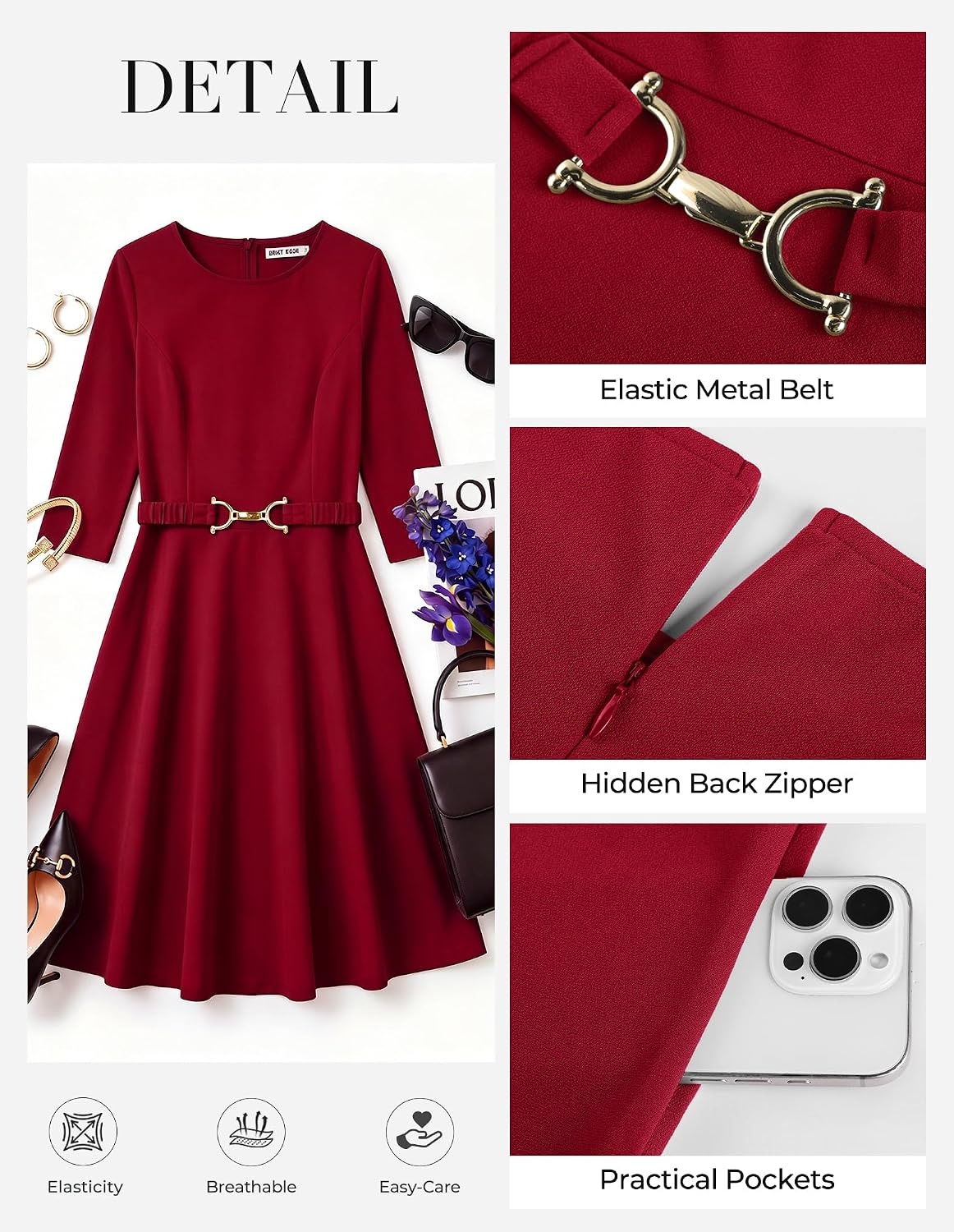 image:imageGRACE KARIN Work Business Midi Flowy 34 Sleeve Dresses for WomenWine