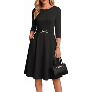 GRACE KARIN Work Business Midi Flowy 3/4 Sleeve Dresses for Women(Black)