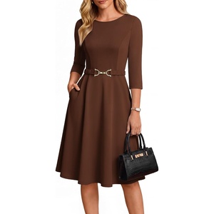 GRACE KARIN Work Business Midi Flowy 3/4 Sleeve Dresses for Women(Khaki)