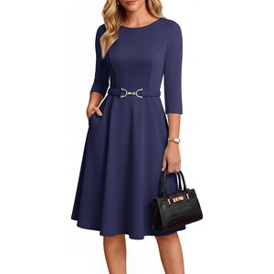 GRACE KARIN Work Business Midi Flowy 3/4 Sleeve Dresses for Women(Navy Blue)