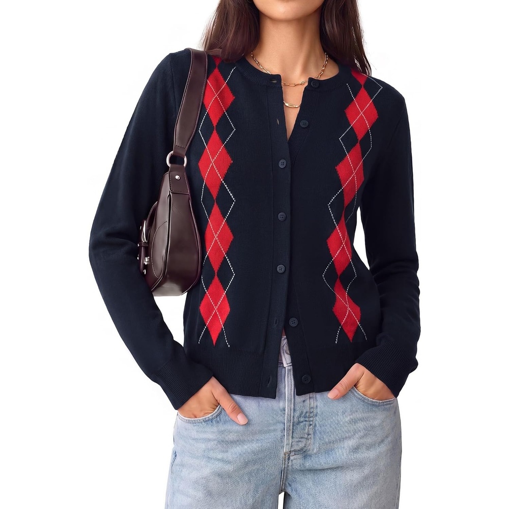 image:imageGRACE KARIN Cardigan for Women Argyle Fall Sweaters Cozy Teacher OutfitsArgyle Navy Blue Red